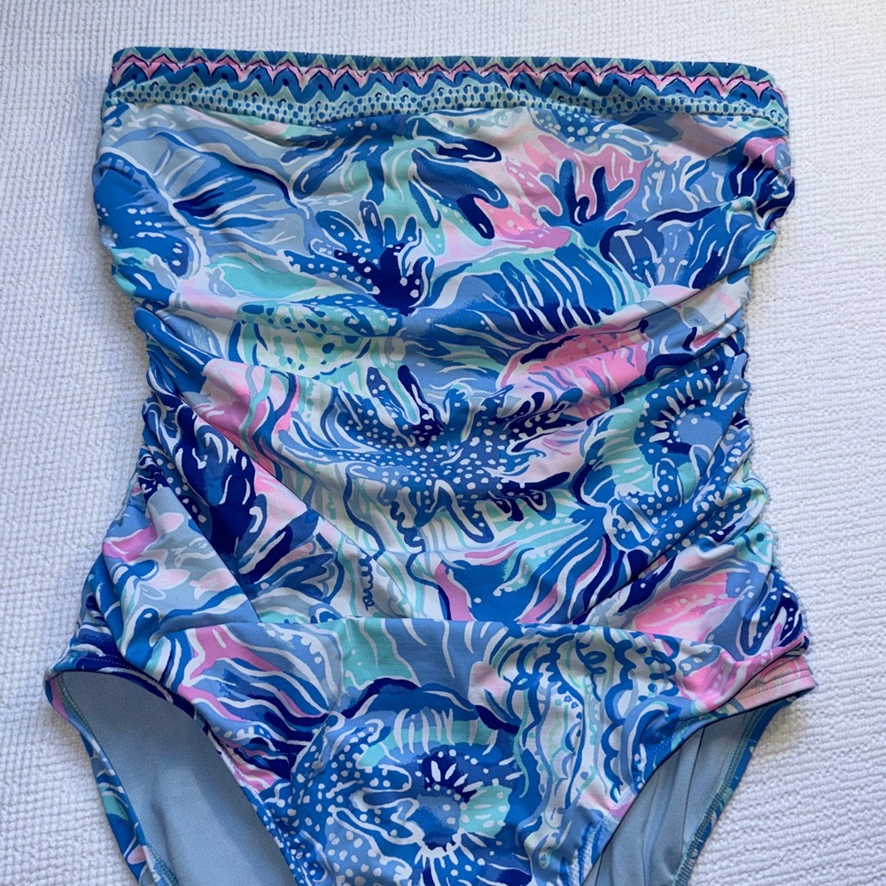Lilly Pulitzer Blue and Pink Strapless Floral-Print One-Piece - Picture 2 of 6